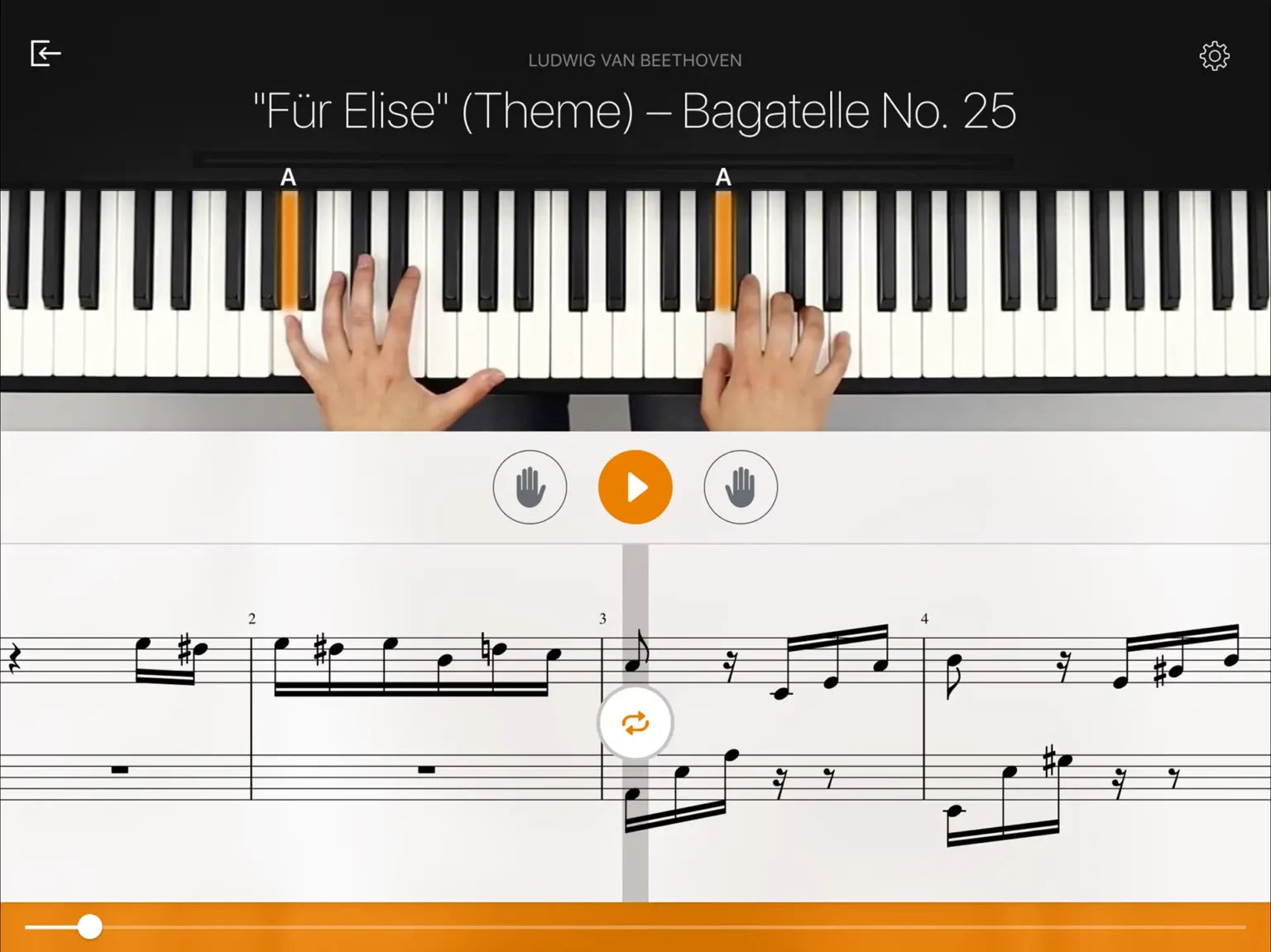 The flowkey player: overhead video of a pianist's hands above scrolling sheet music