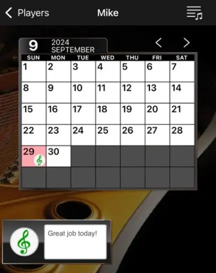 My Music Recorder showing a practice calendar with a daily stamp