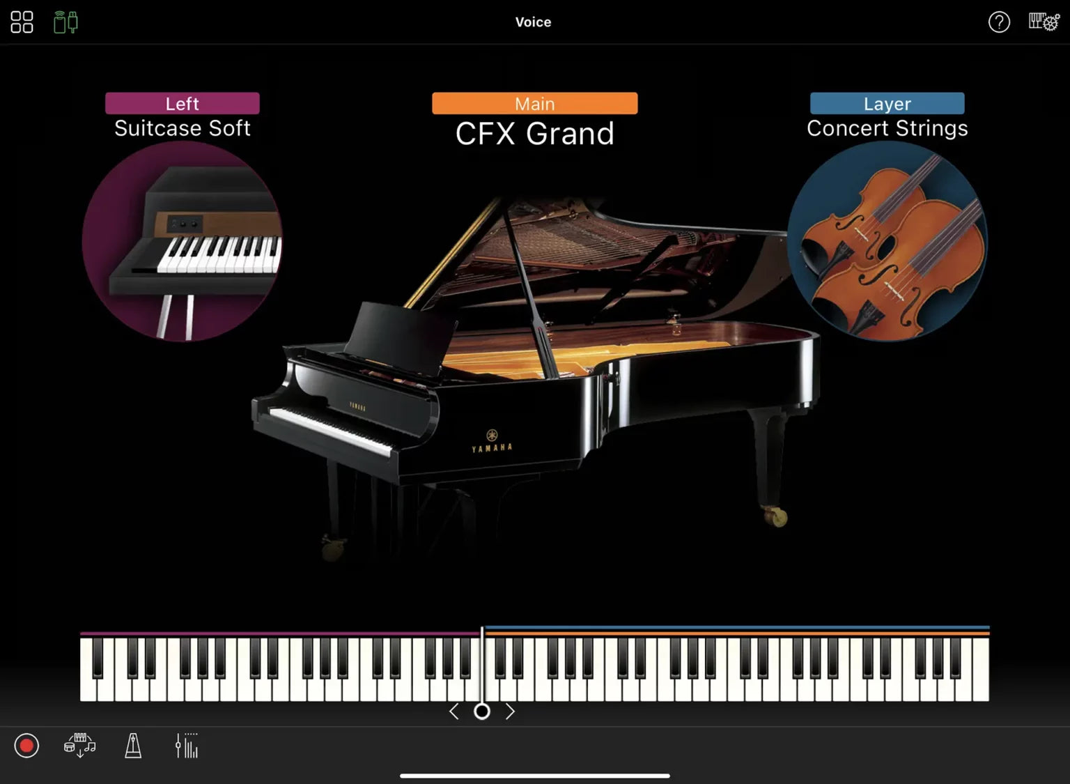 Yamaha Smart Pianist showing the CFX Grand voice with a left split and a strings layer